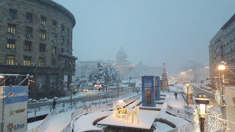 Nikola Pašić square covered with snow