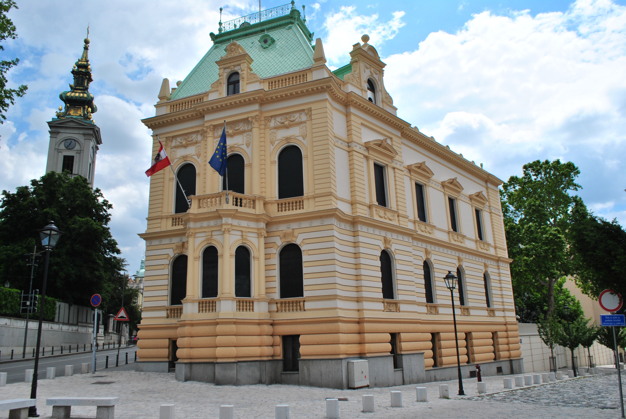 A view on Krsmanović House (now Austrian Embassy) and tower bell of the Cathedral Church St. Michael
